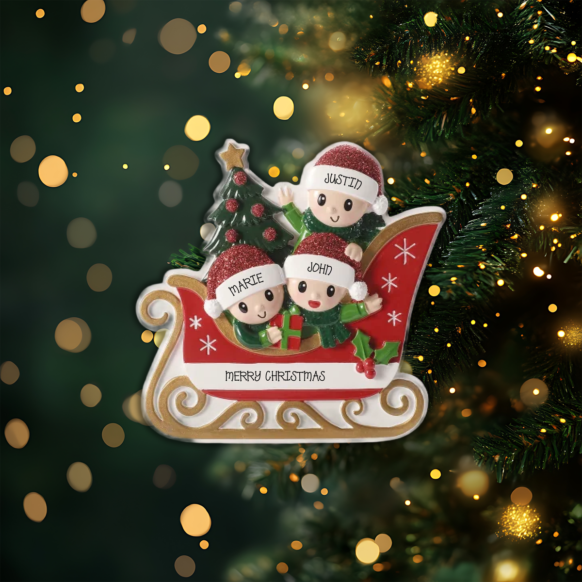 Family in Sleigh Family of 3 Personalized Christmas Ornament