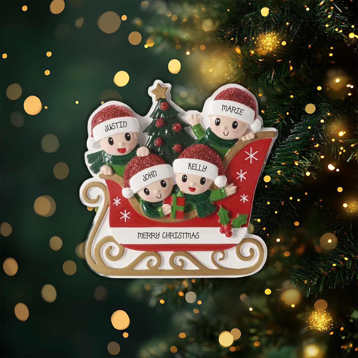 Family in Sleigh Family of 4 Personalized Christmas Ornament