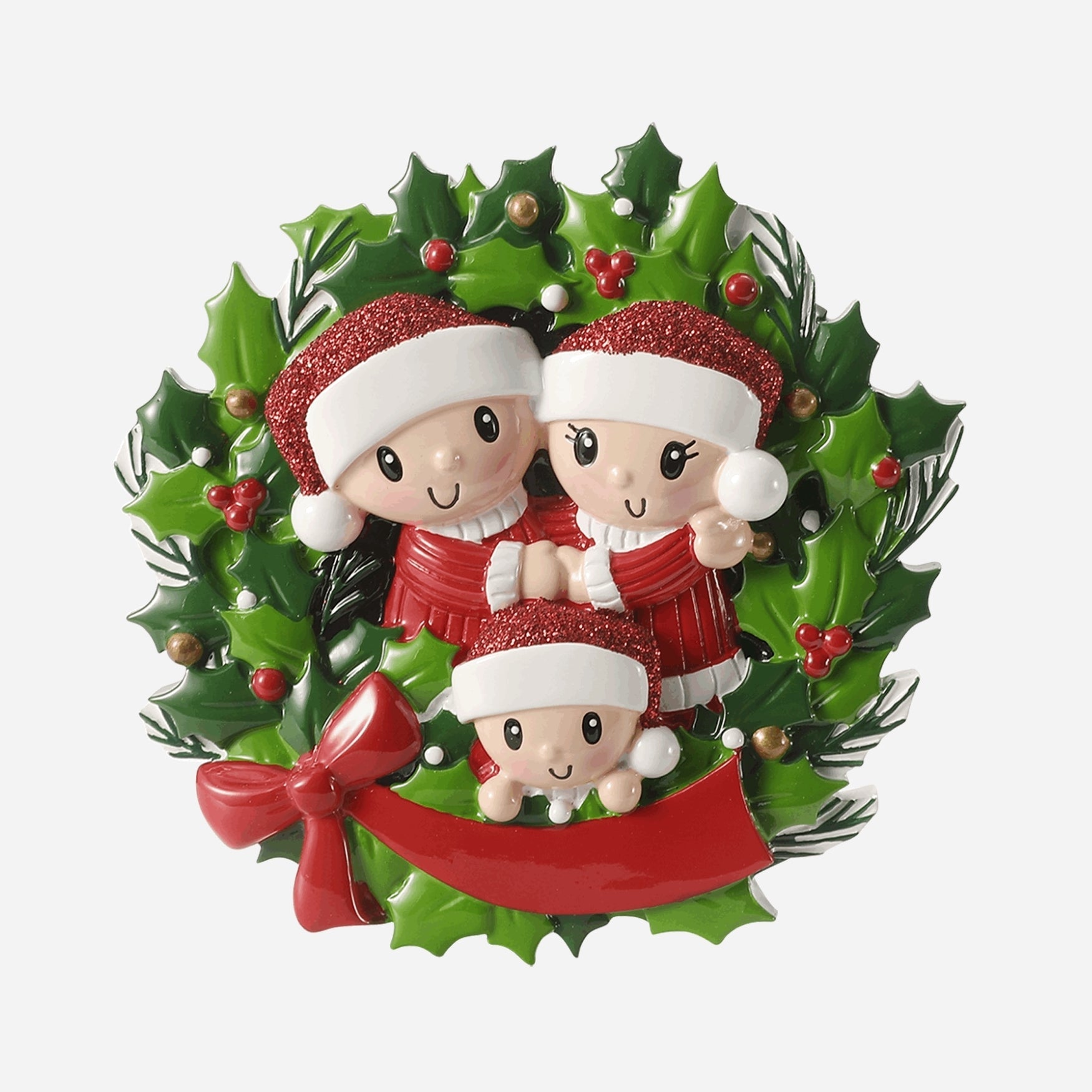 People in Wreath Family of 3 Personalized Christmas Ornament