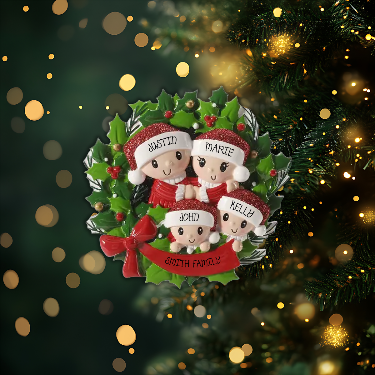 People in Wreath Family of 4 Personalized Christmas Ornament