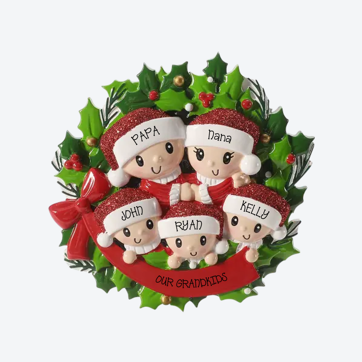 People in Wreath Family of 5 Personalized Christmas Ornament