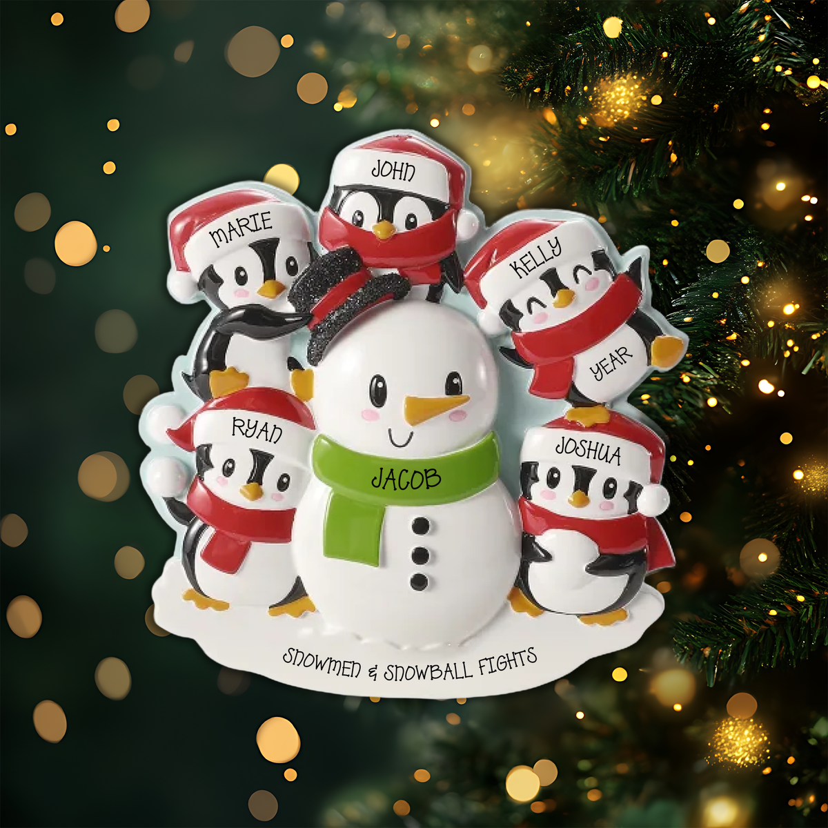 Penguins Building a Snowman Family of 5 Personalized Christmas Ornament