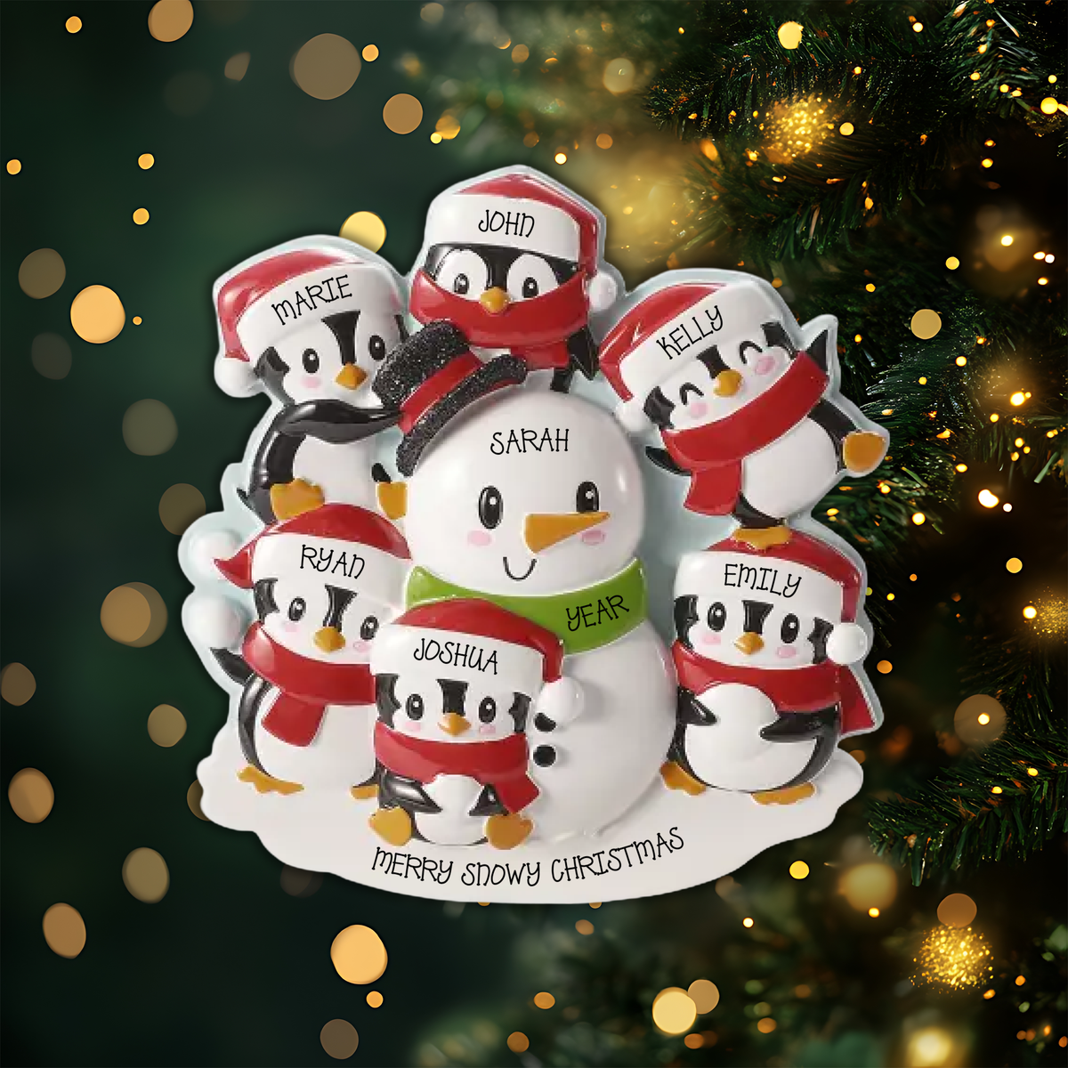 Penguins Building a Snowman Family of 6 Personalized Christmas Ornament