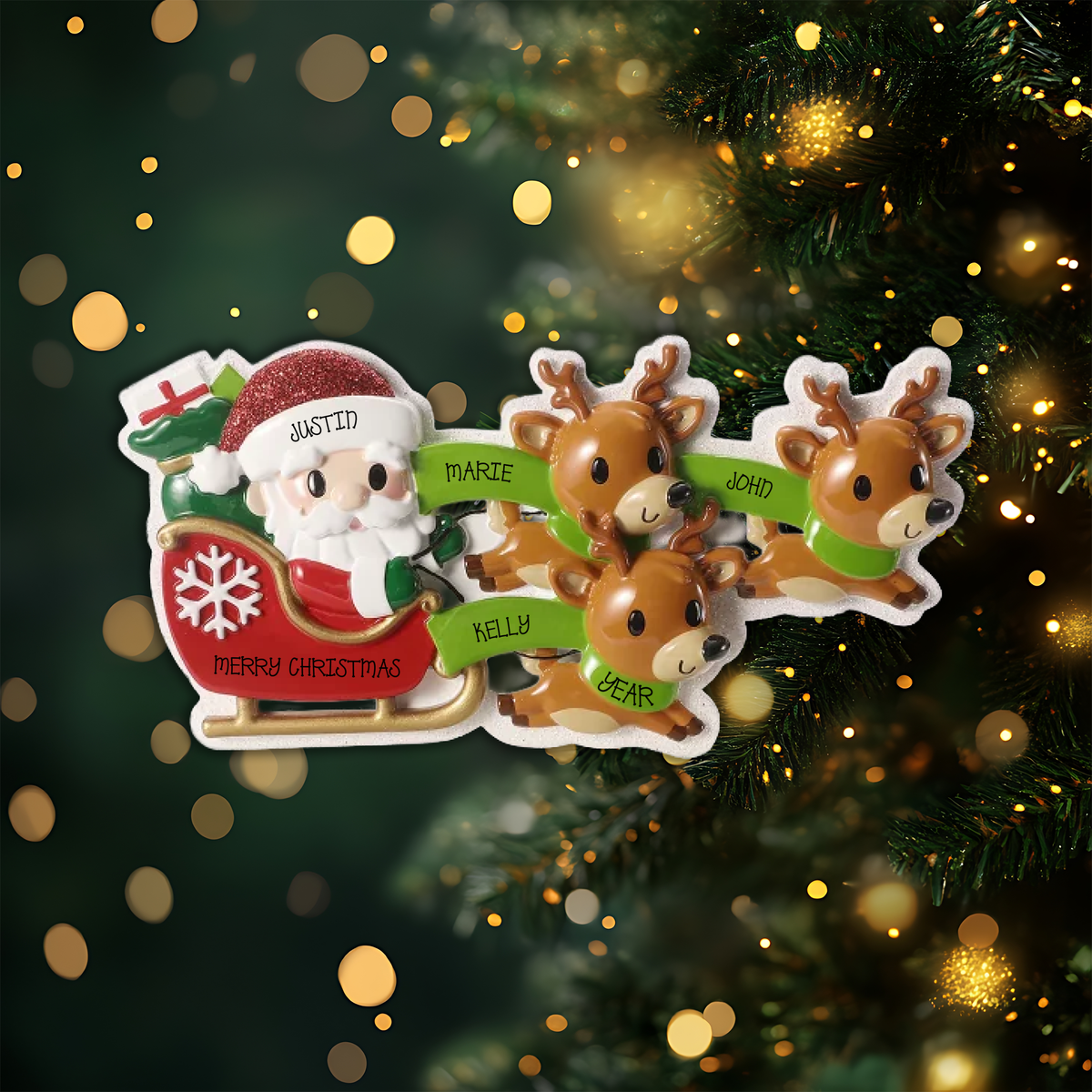 Reindeer in Flight Family of 3 Personalized Christmas Ornament