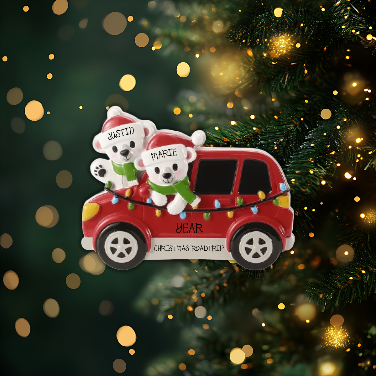 Polar Bears in Car Family of 2 Personalized Christmas Ornament
