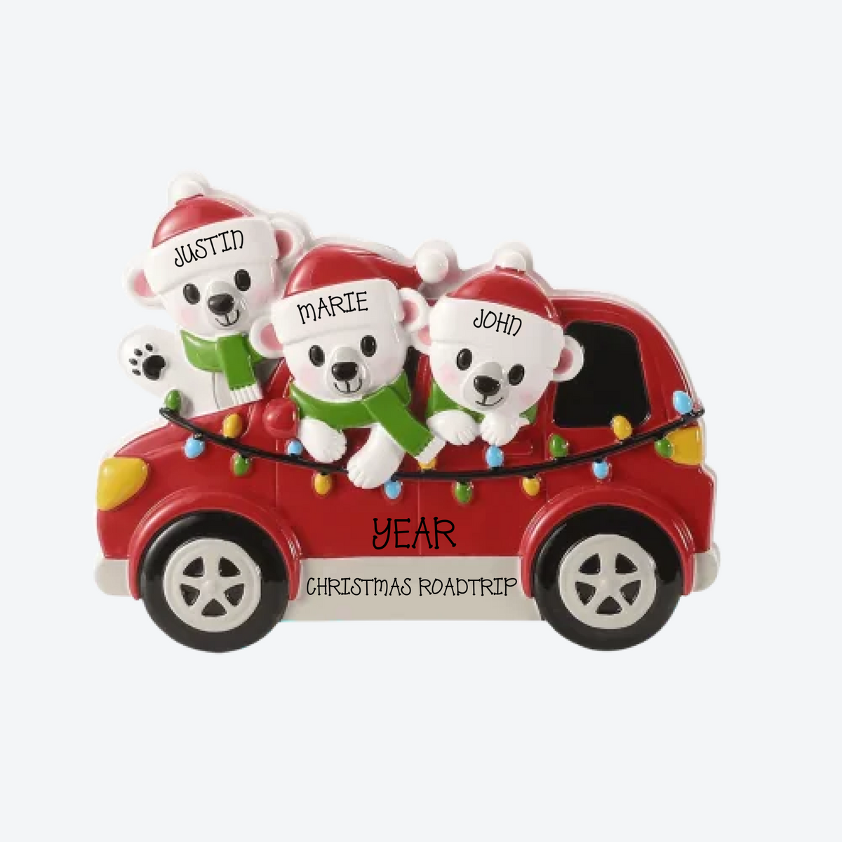 Polar Bears in Car Family of 3 Personalized Christmas Ornament