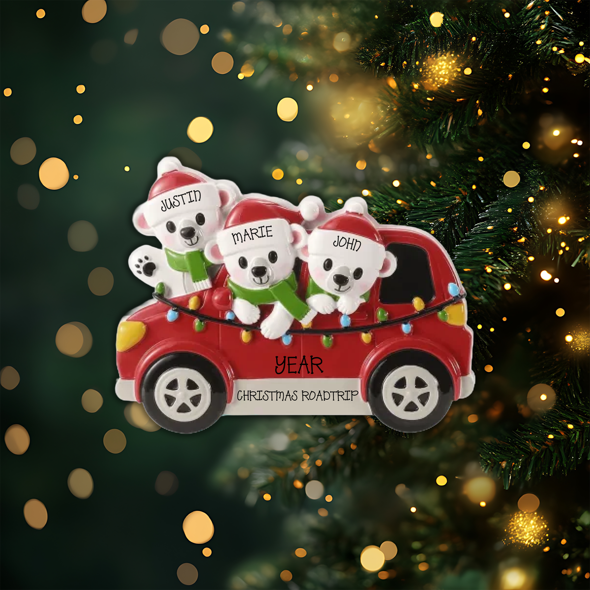 Polar Bears in Car Family of 3 Personalized Christmas Ornament