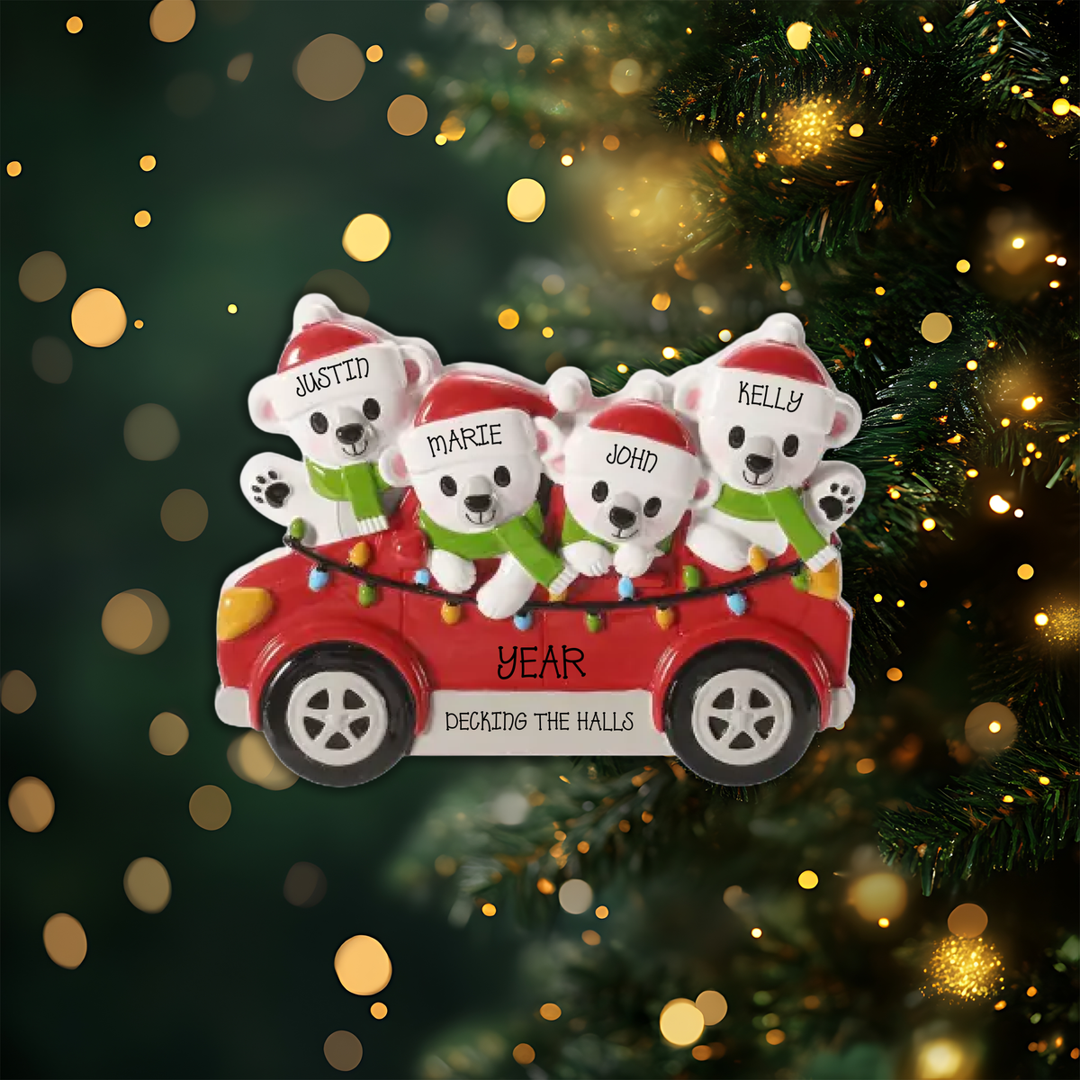 Polar Bears in Car Family of 4 Personalized Christmas Ornament