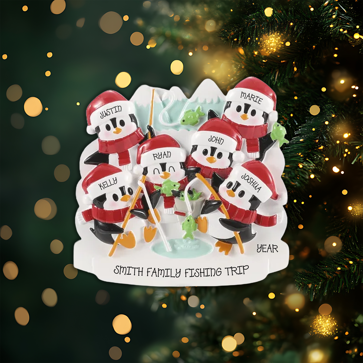 Arctic Fishing Family of 6 Personalized Christmas Ornament