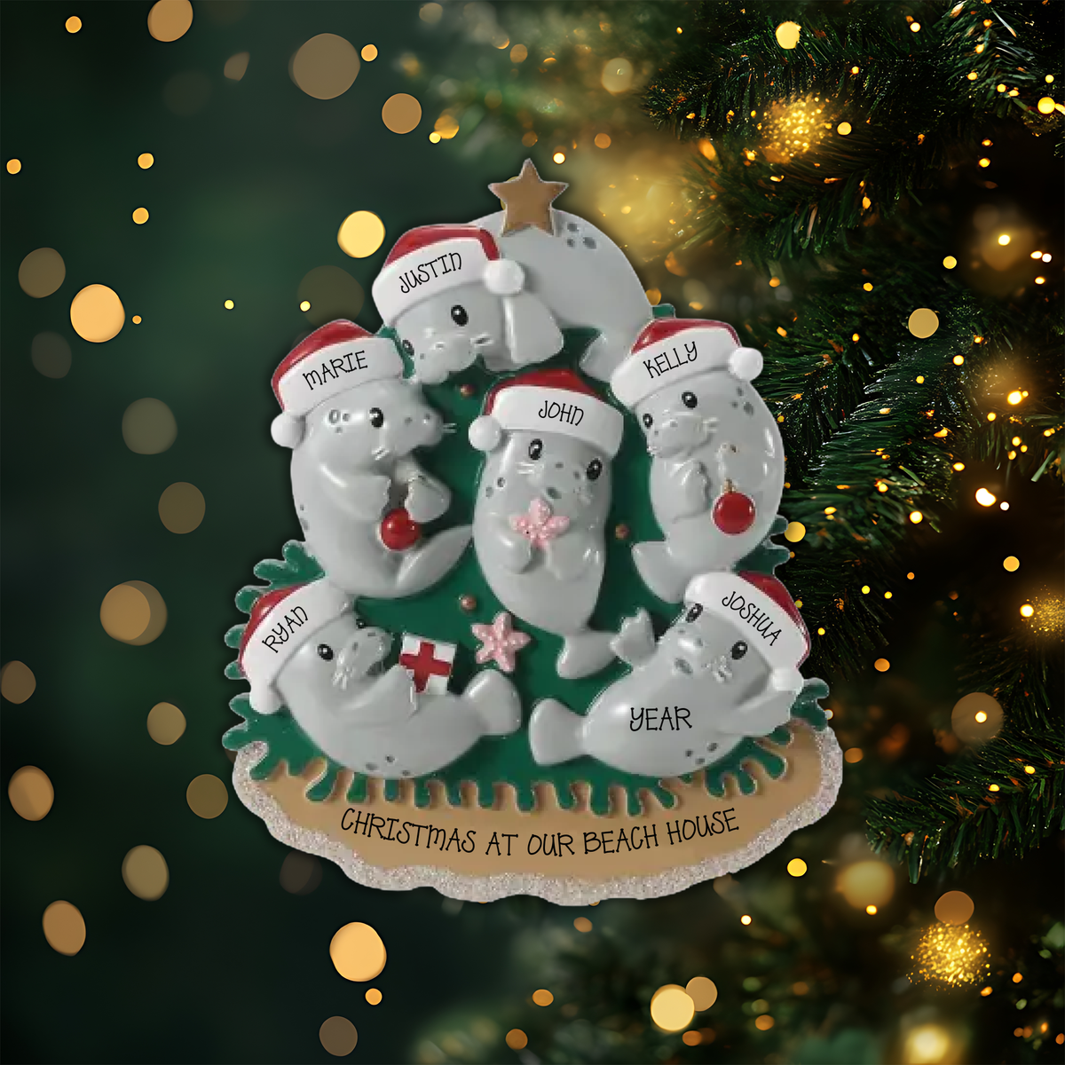 Manatee Family of 6 Personalized Christmas Ornament