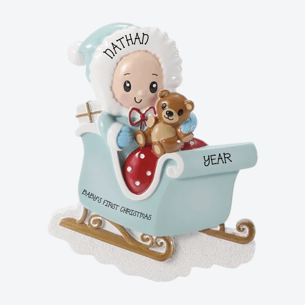 Baby W/Stuffed Bear In Blue Sleigh Personalized Christmas Ornament