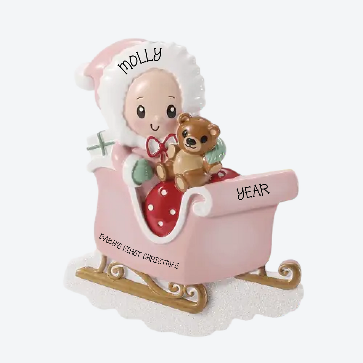 Baby W/Stuffed Bear In Pink Sleigh Personalized Christmas Ornament