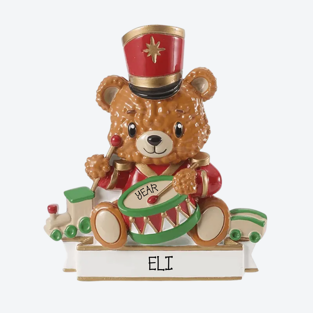 Baby Bear With Drum & Train Personalized Christmas Ornament