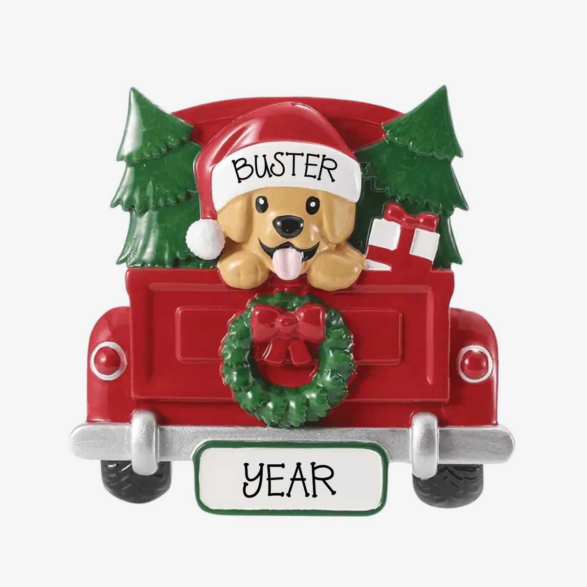 Dog In Red Car Personalized Christmas Ornament