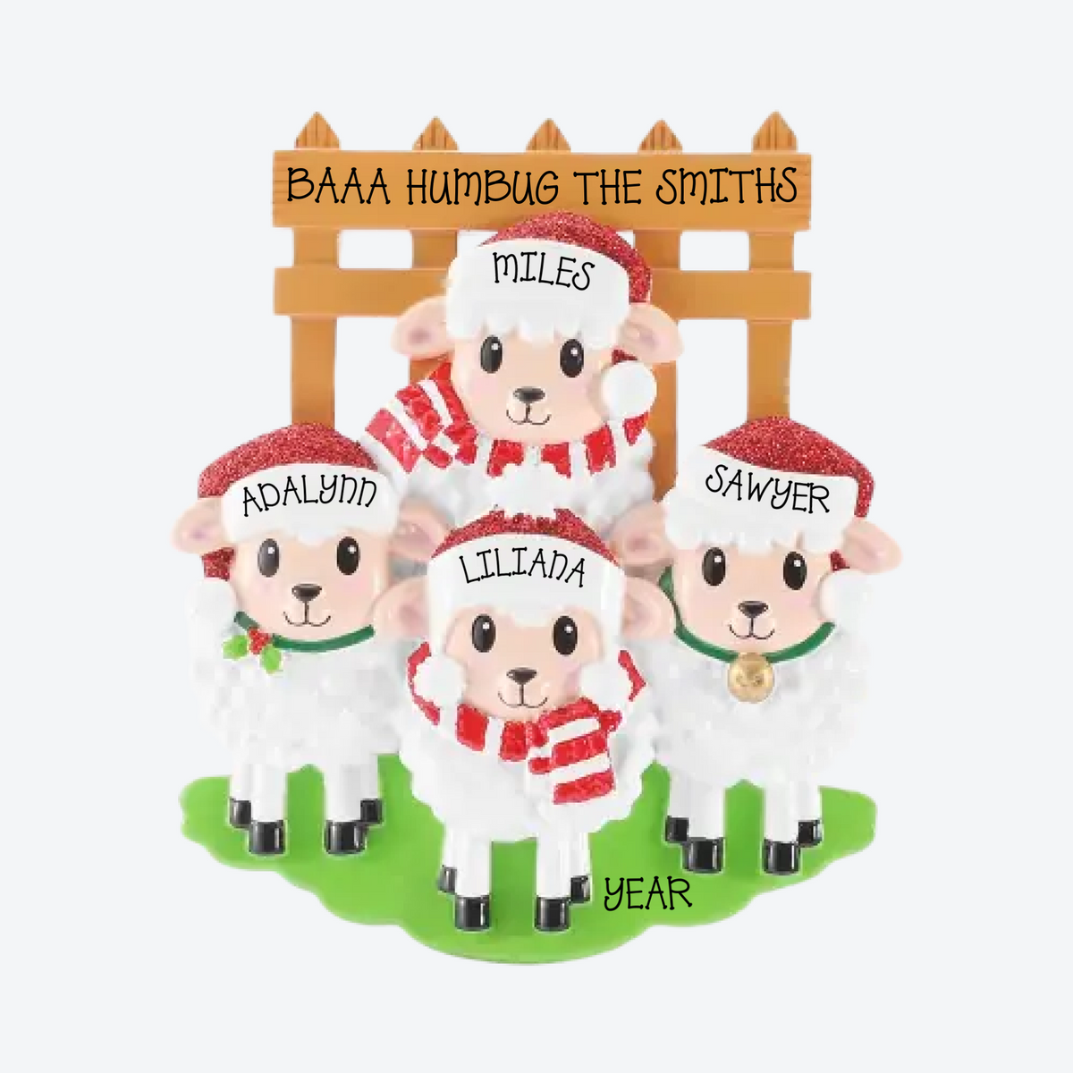 Sheep Family of 4 Personalized Christmas Ornament
