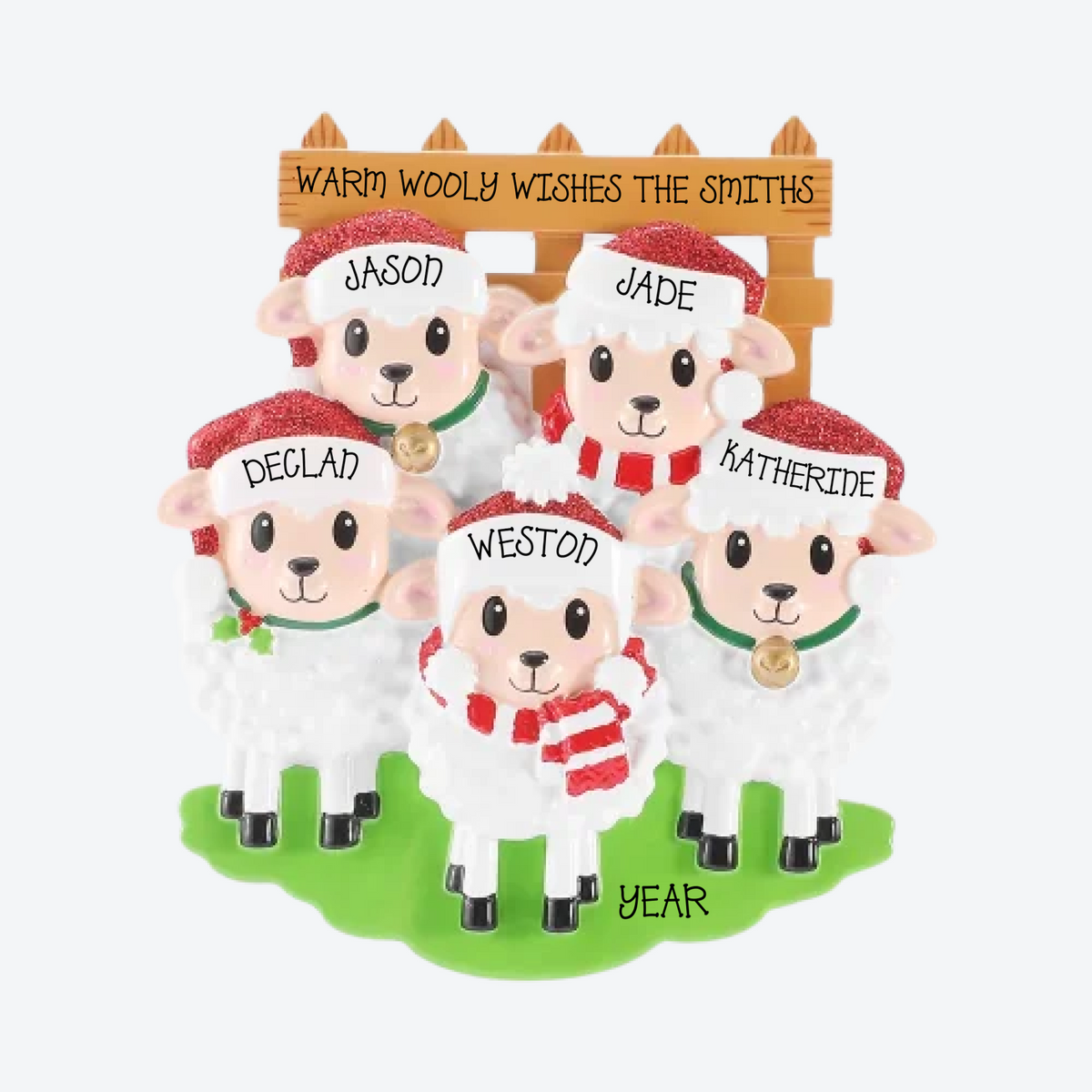 Sheep Family of 5 Personalized Christmas Ornament