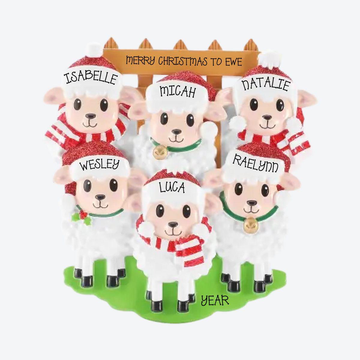 Sheep Family of 6 Personalized Christmas Ornament