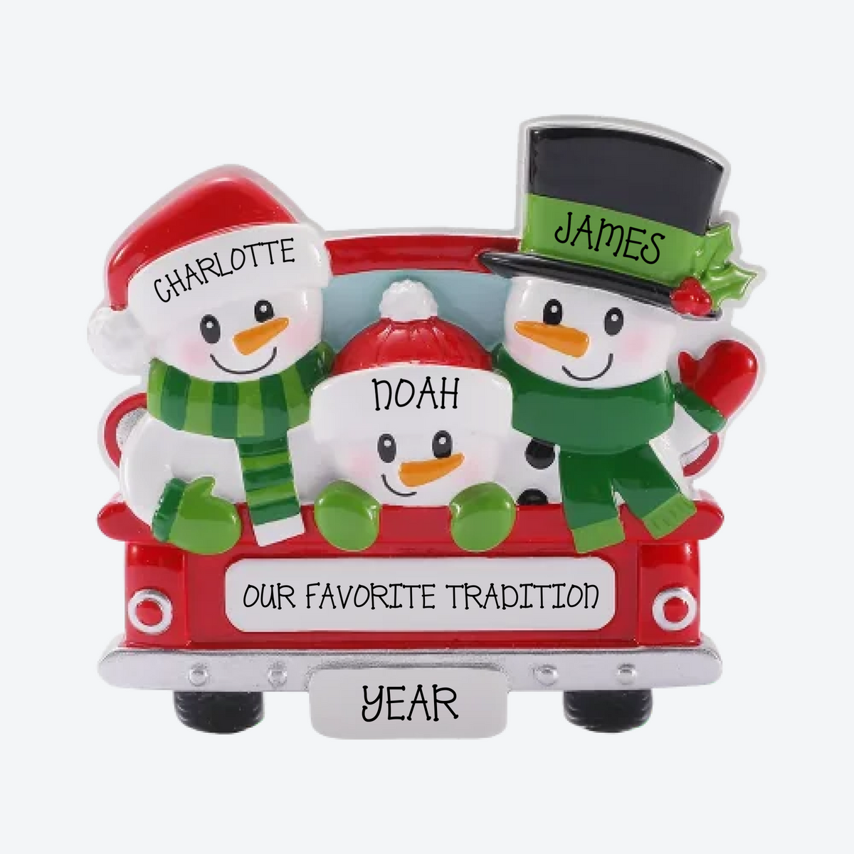 Back of Red Truck Family of 3 Personalized Christmas Ornament