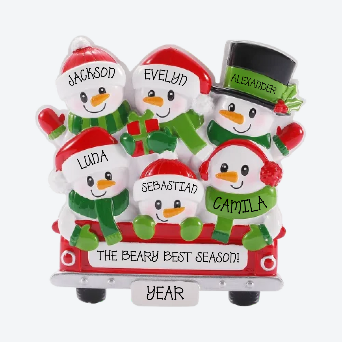 Back of Red Truck Family of 6 Personalized Christmas Ornament