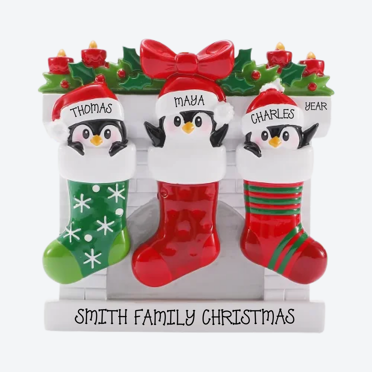 Mismatched Stocking Family of 3 Personalized Christmas Ornament