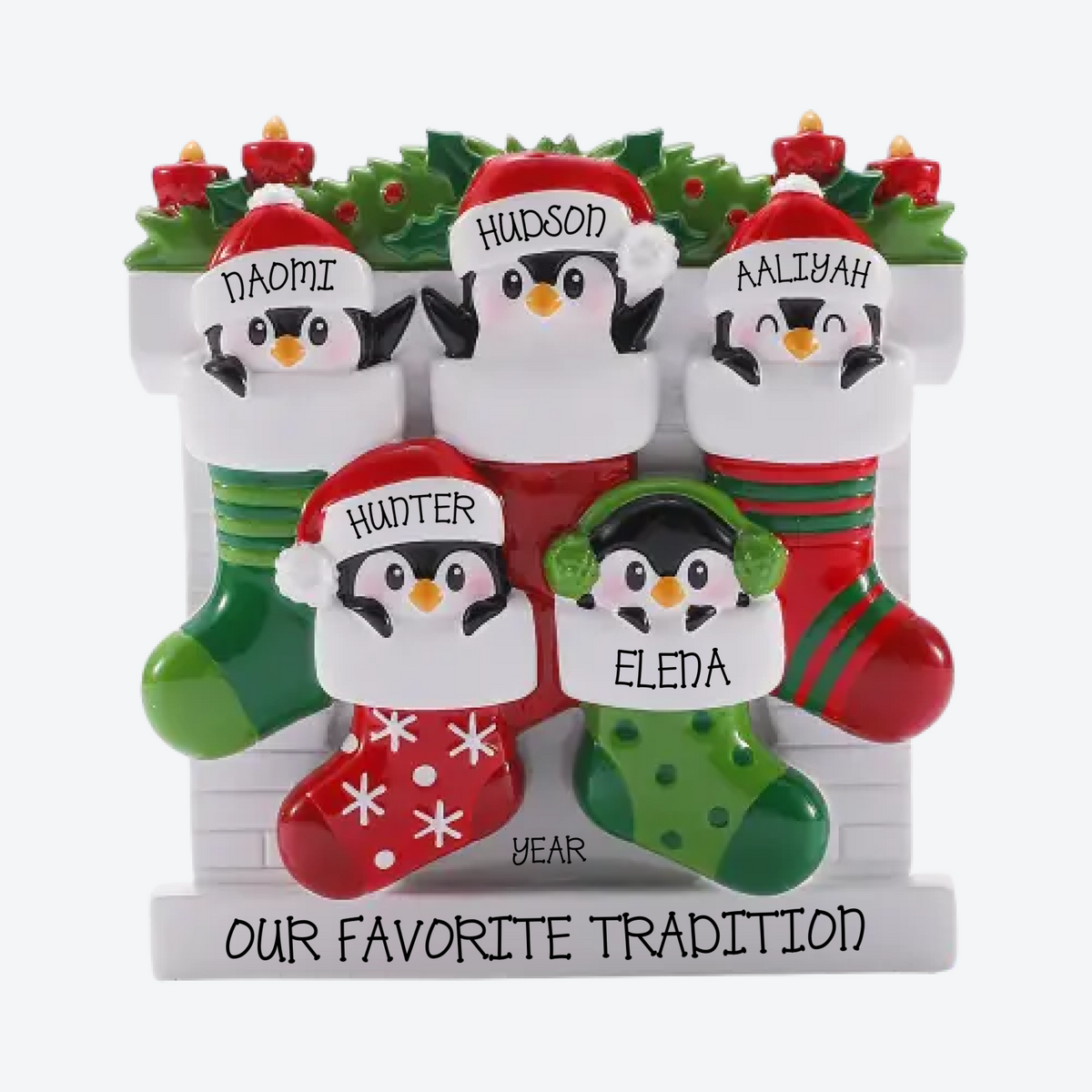Mismatched Stocking Family of 5 Personalized Christmas Ornament