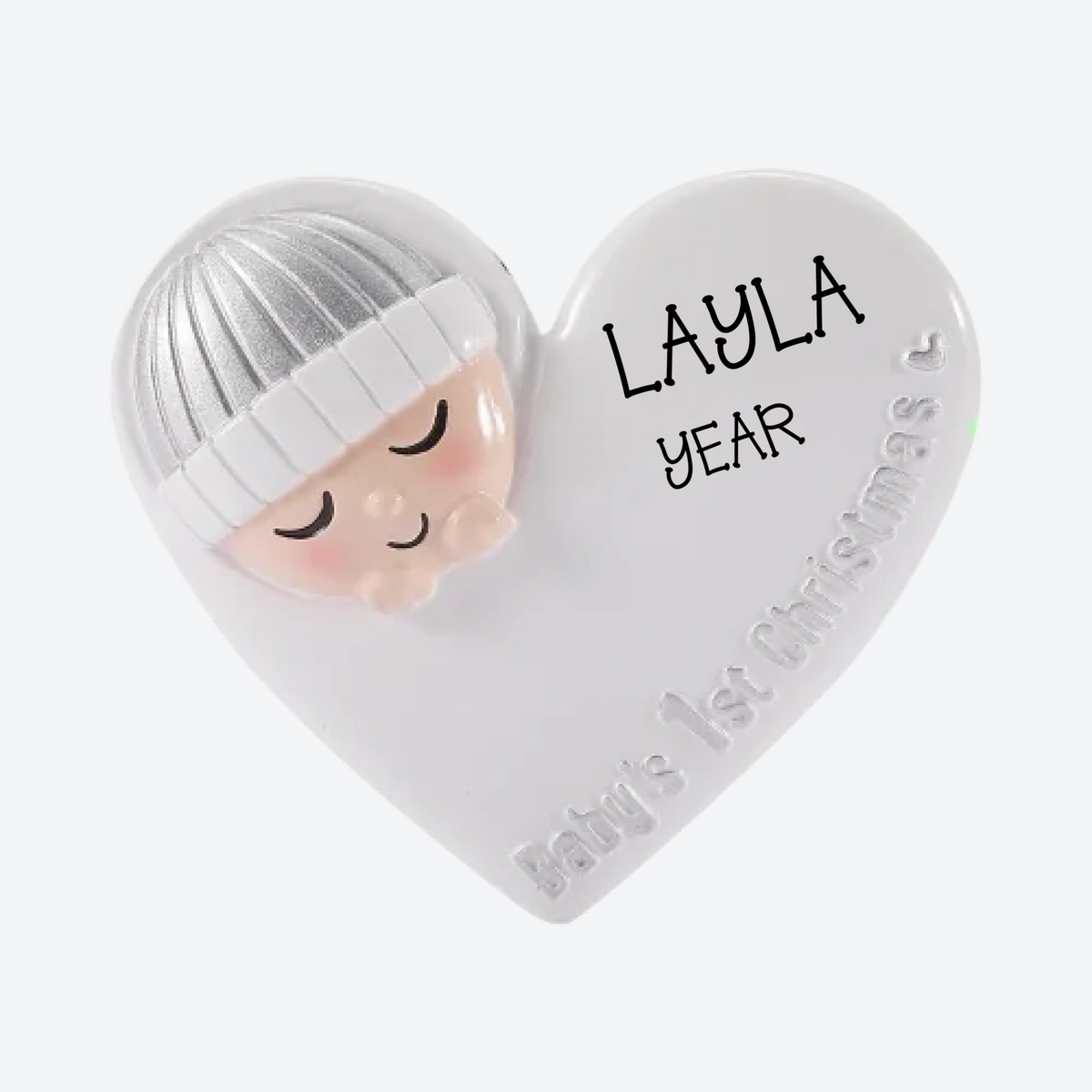 Baby with Cap in Heart Silver Personalized Christmas Ornament