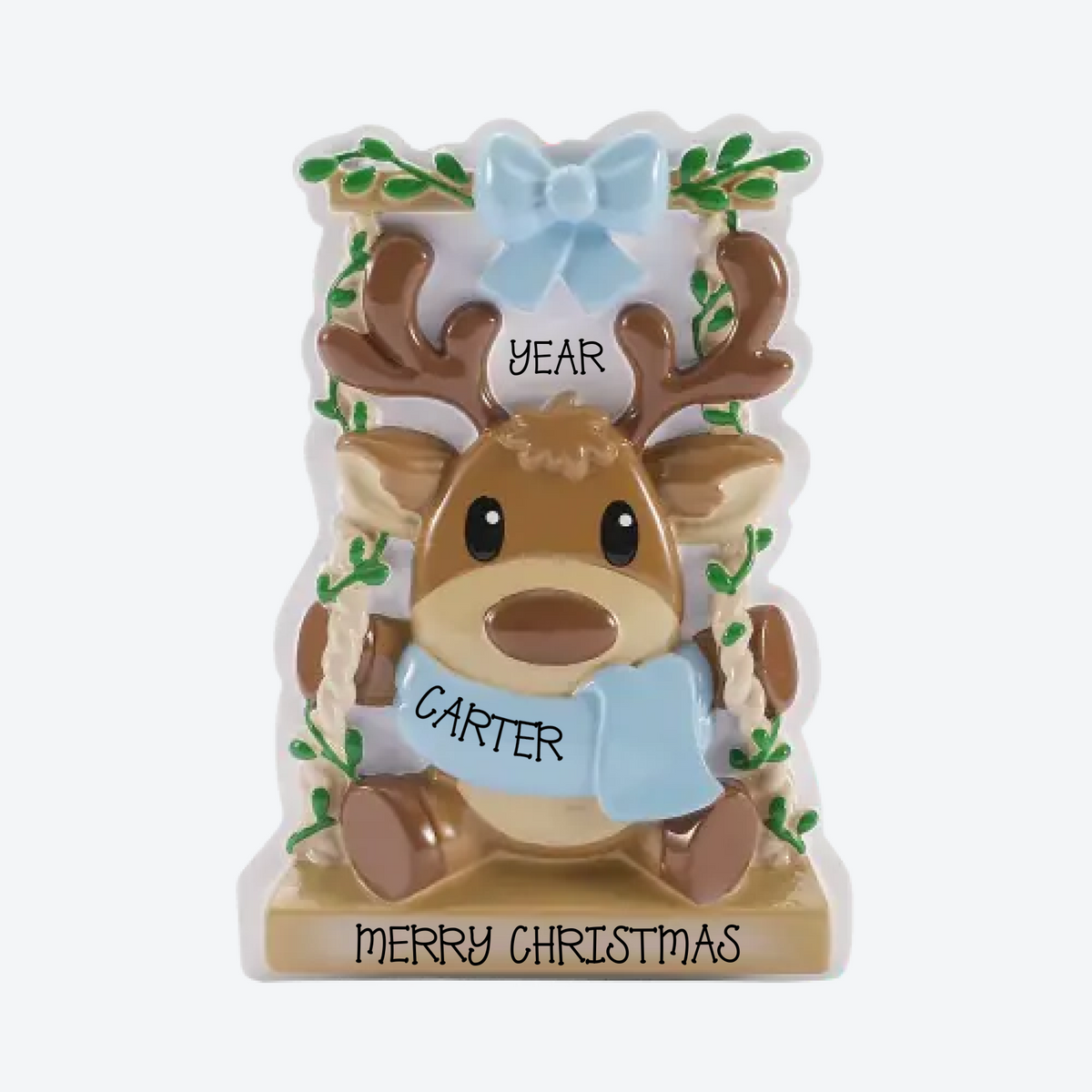 Baby Reindeer on a Garden Swing Blue Personalized Christmas Ornament