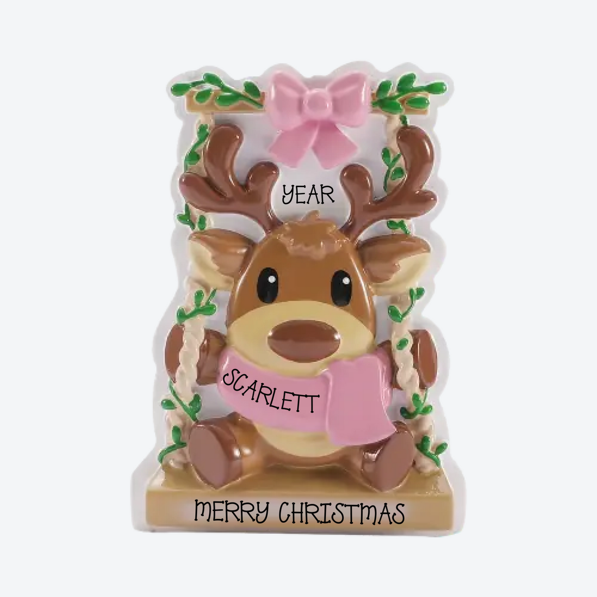 Baby Reindeer on a Garden Swing Pink Personalized Christmas Ornament