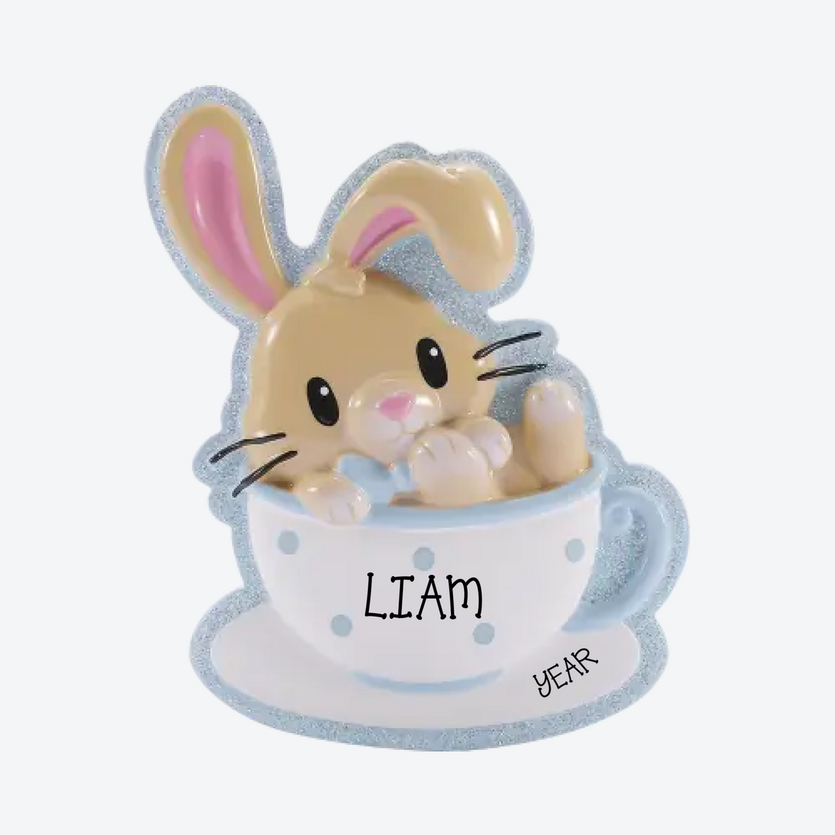Baby Bunny in Teacup Blue Personalized Christmas Ornament