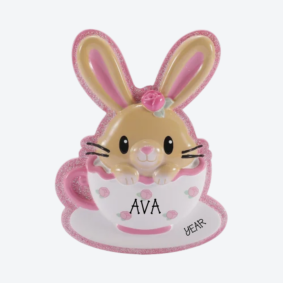 Baby Bunny in Teacup Pink Personalized Christmas Ornament