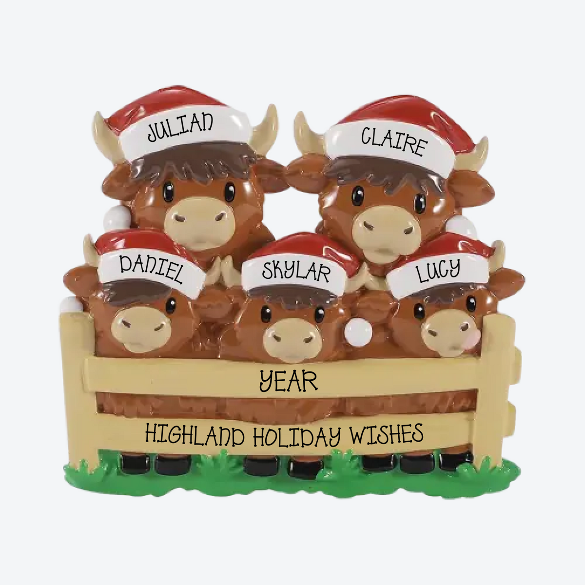 Highland Cow Family of 5 Personalized Christmas Ornament