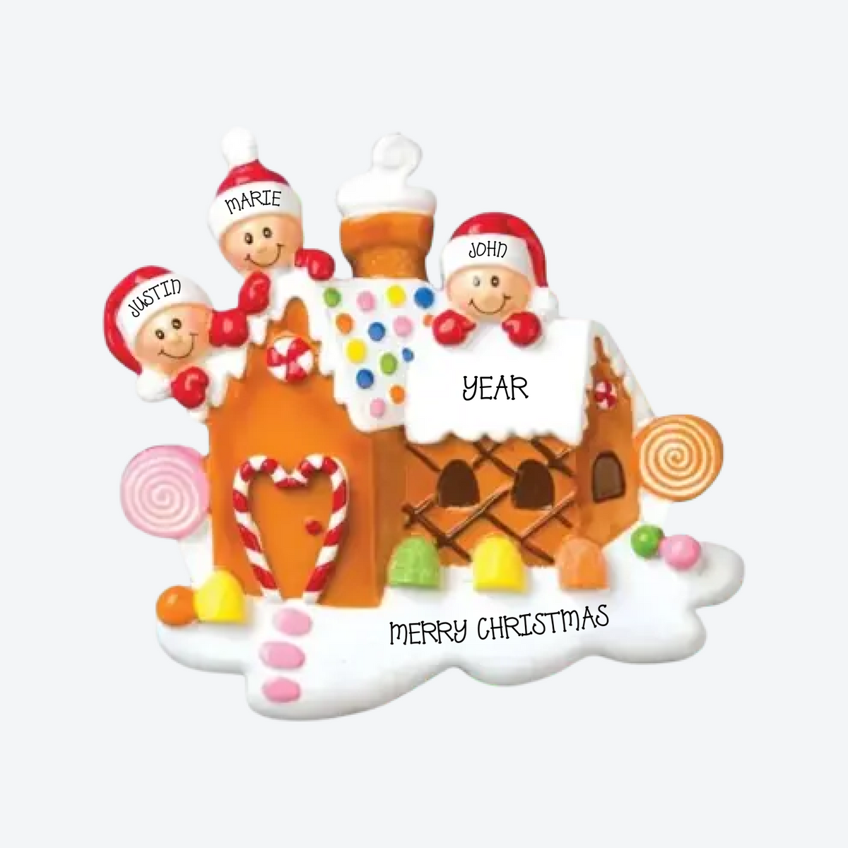 Gingerbread House Family of 3 Personalized Christmas Ornament