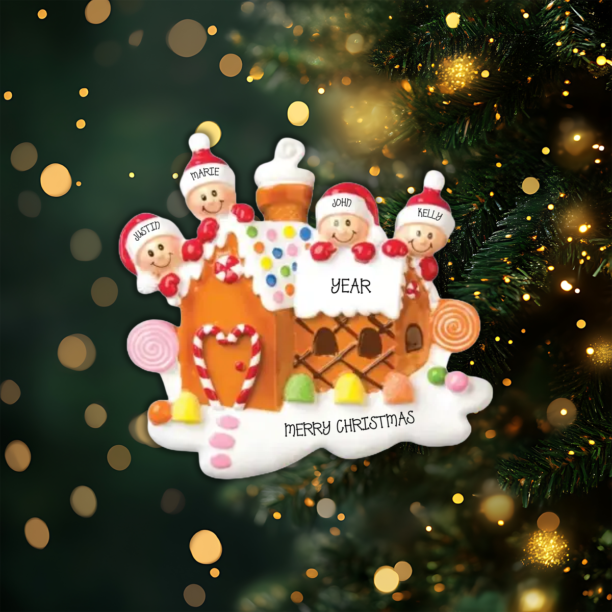 Gingerbread House Family of 4 Personalized Christmas Ornament