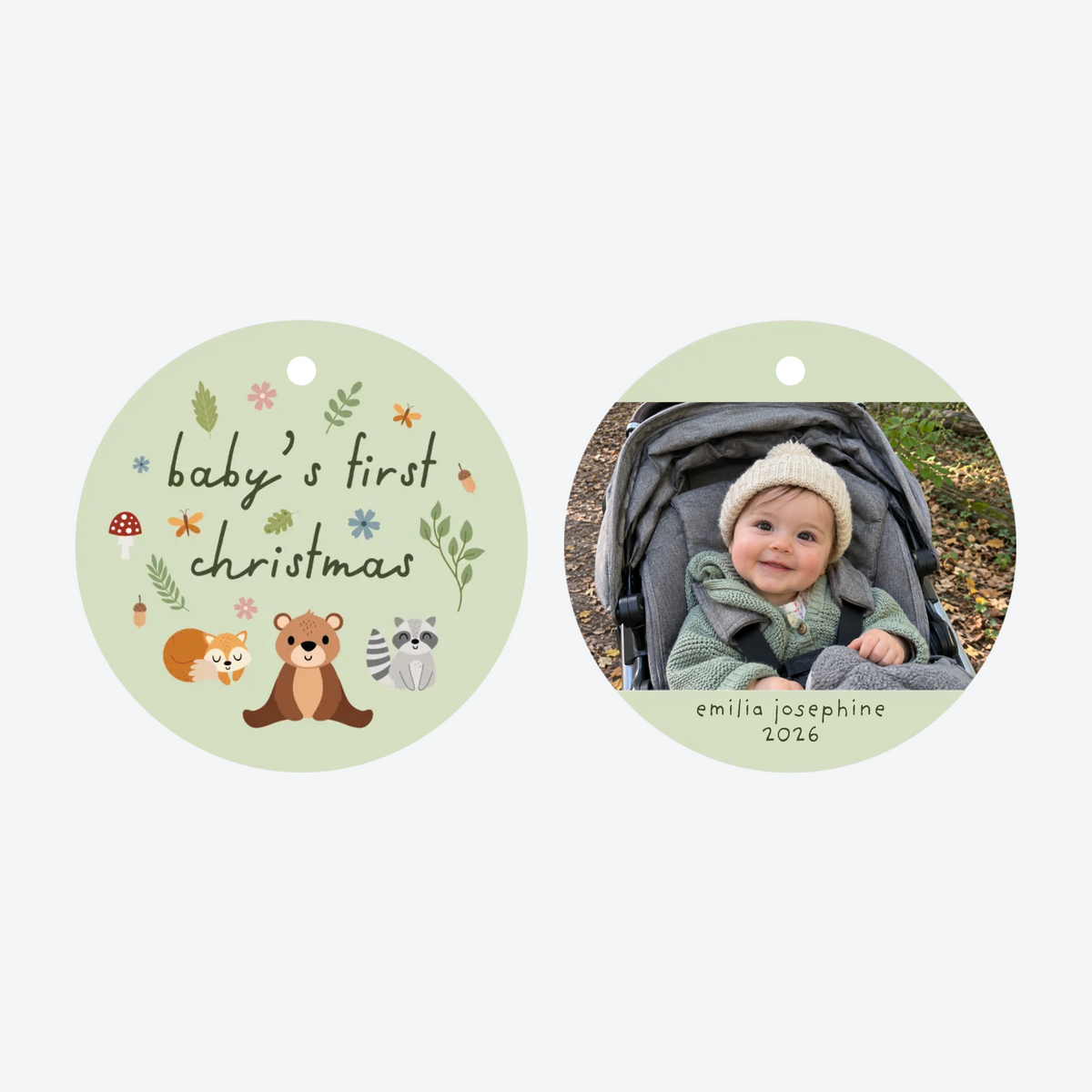 Personalized Baby's First Christmas Woodland Animals Photo Christmas Ornament