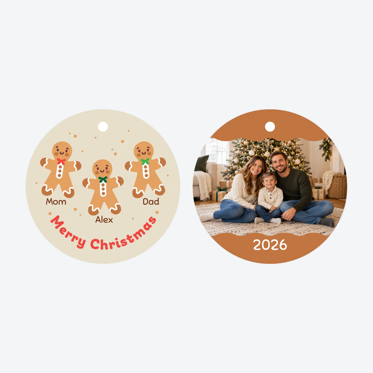 Personalized Gingerbread Family of 3 Photo Christmas Ornament