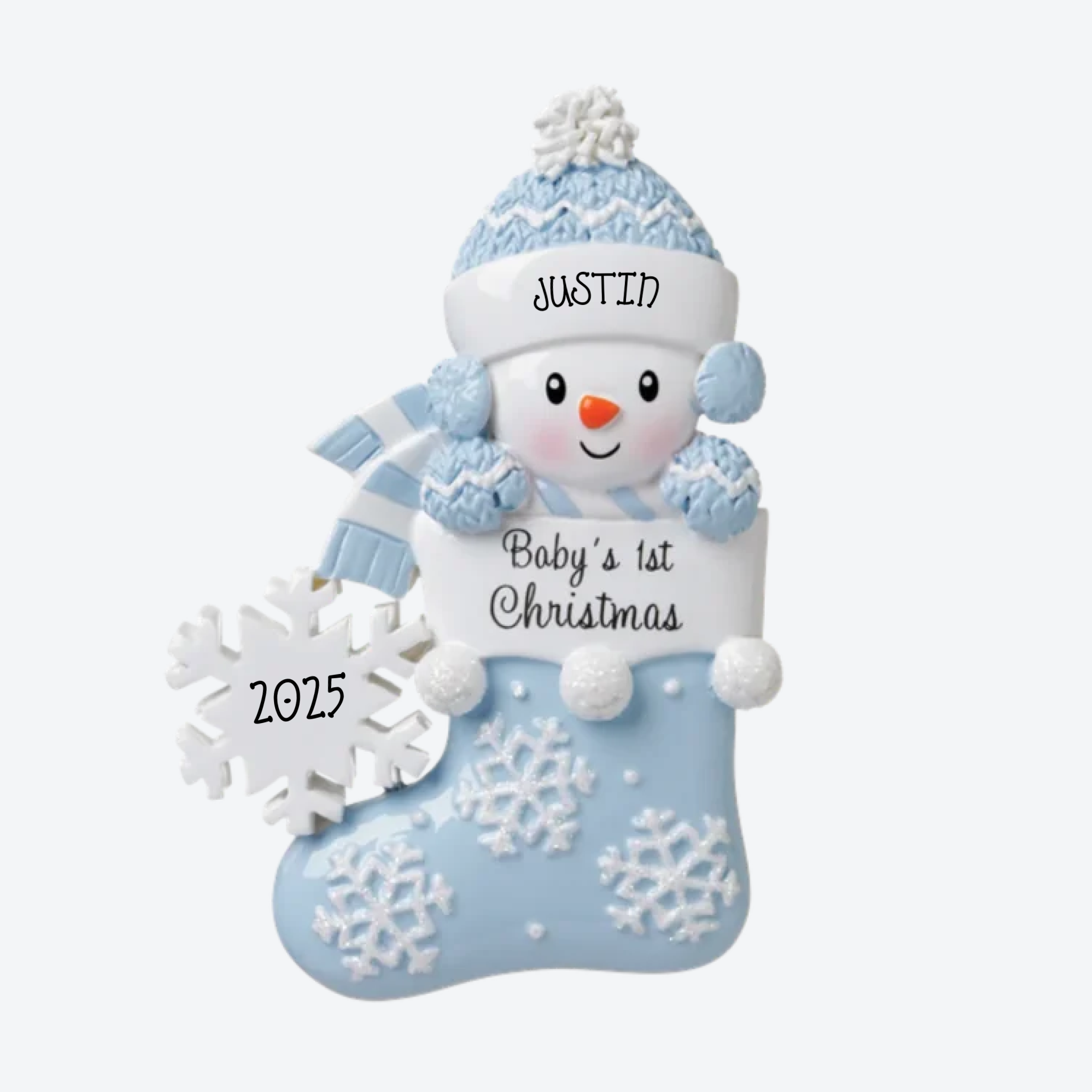 OT1738-B - Baby Snowman in Stocking (Blue) Personalized Christmas Ornament