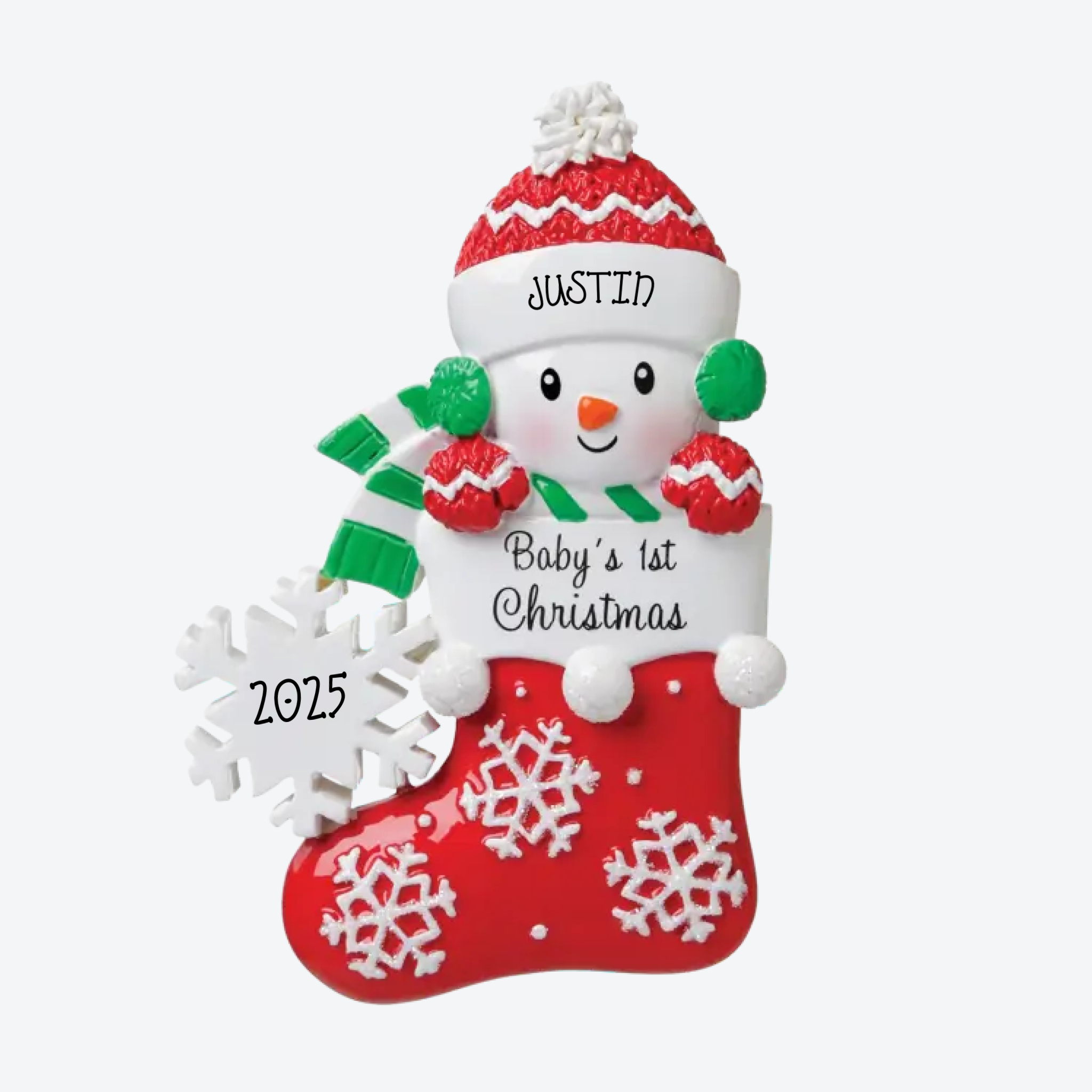 OT1738-RG - Snow Baby In Stocking (Green/Red) Personalized Christmas Ornament