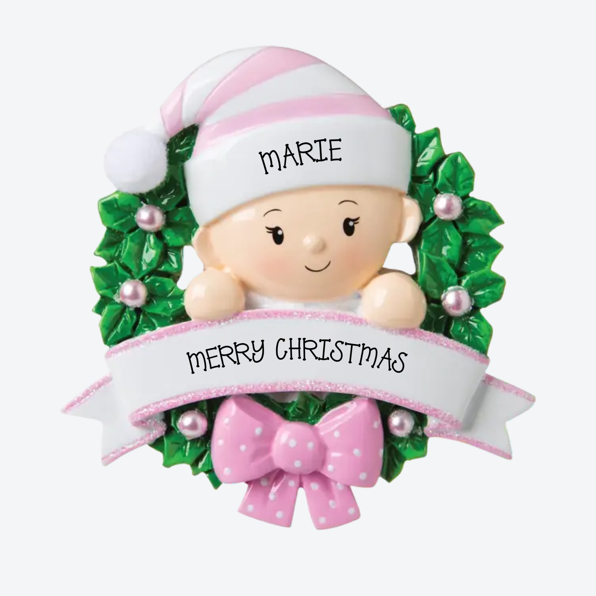 OT1746-P - Baby in a Wreath (Pink) Personalized Christmas Ornament