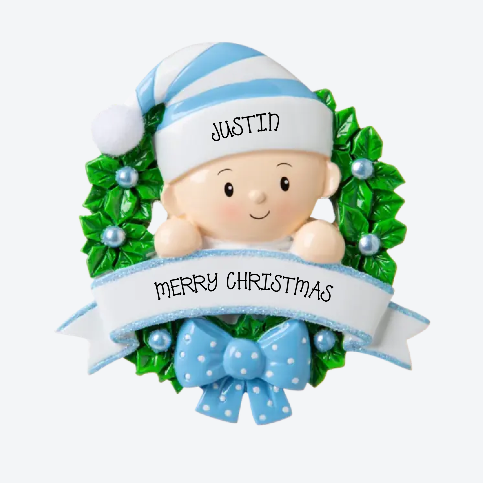 OT1746-B - Baby in a Wreath (Light Blue) Personalized Christmas Ornament