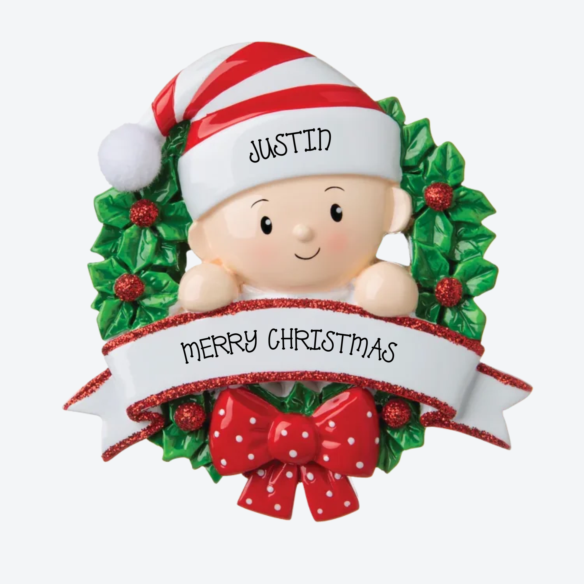 OT1746-RG - Baby in a Wreath (Red &amp; Green) Personalized Christmas Ornament