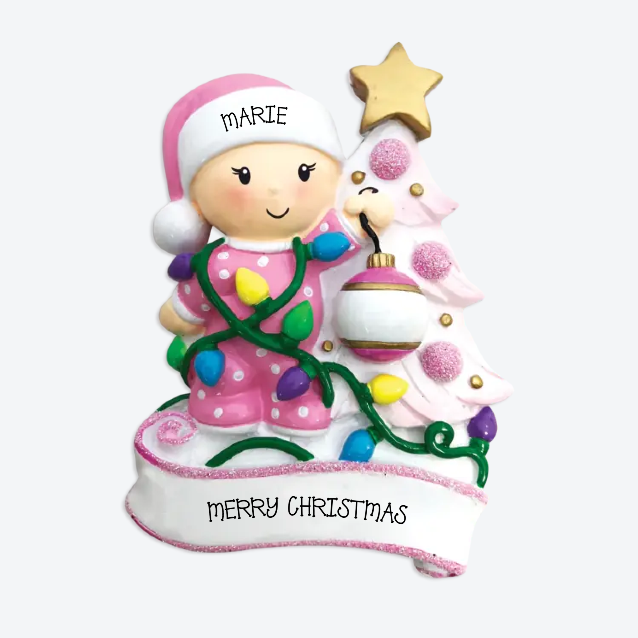 OT1847-P - Baby Decorating A Tree (Pink) Personalized Christmas Ornament