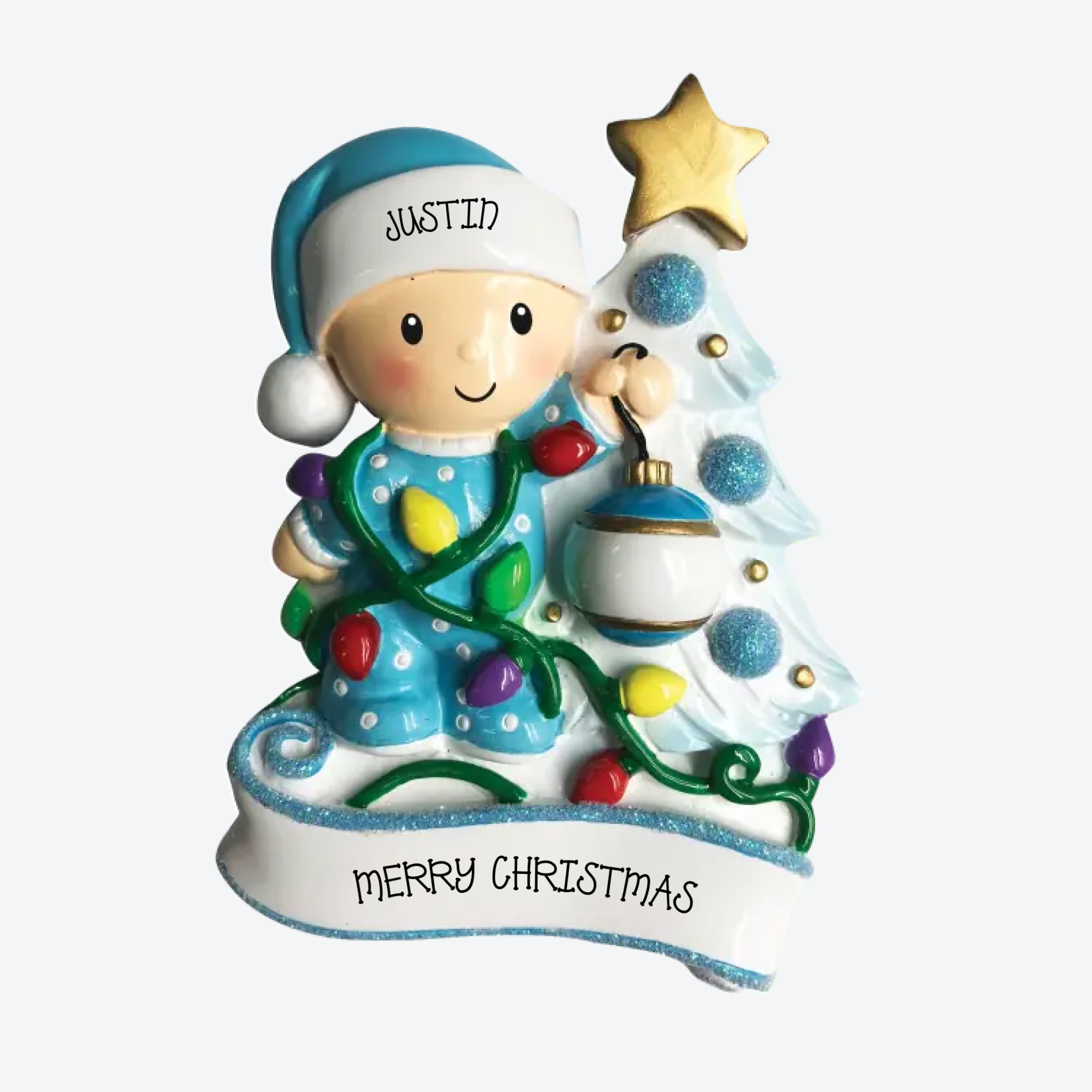 OT1847-B - Baby Decorating a Tree (Light Blue) Personalized Christmas Ornament