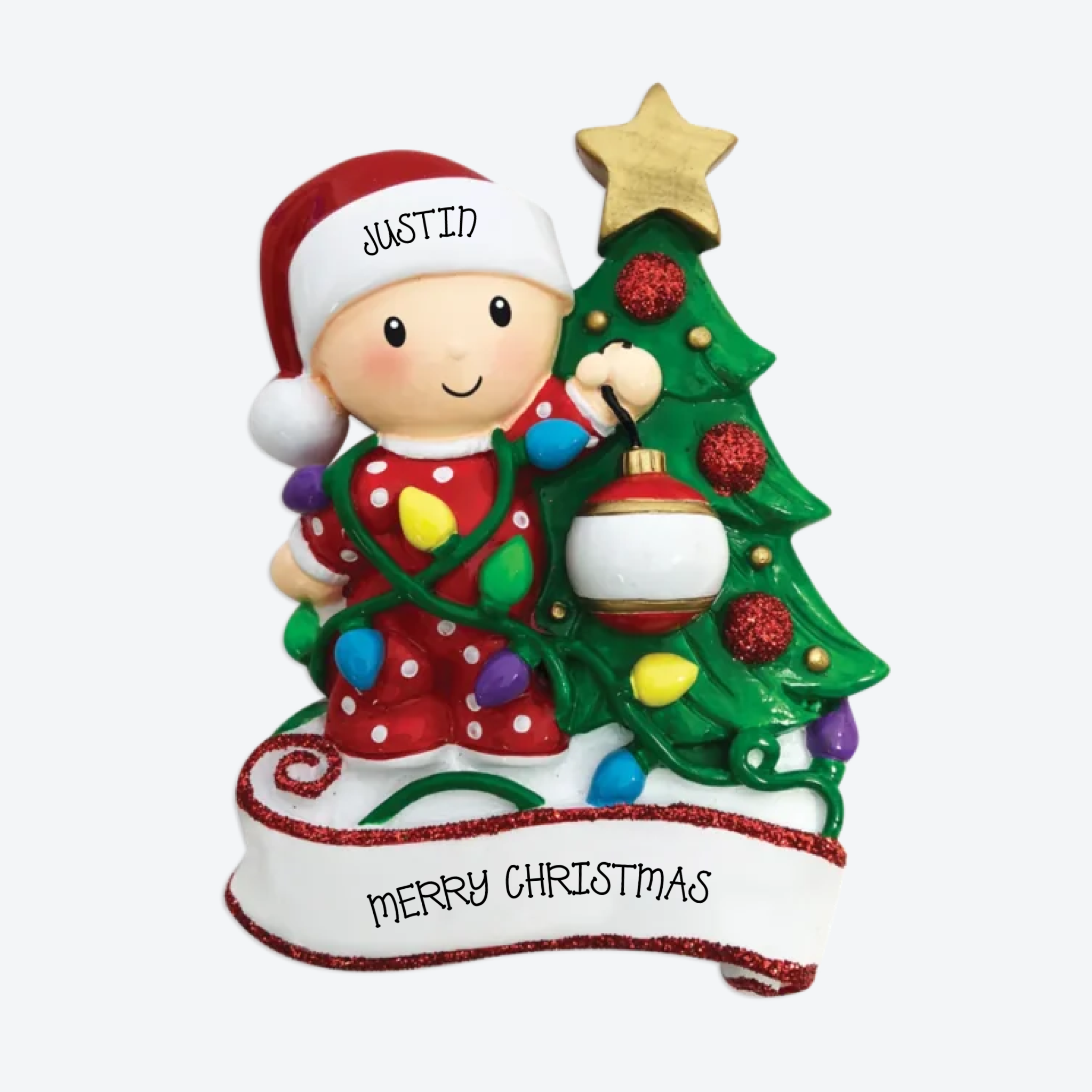 OT1847-RG - Baby Decorating A Tree (Red &amp; Green) Personalized Christmas Ornament