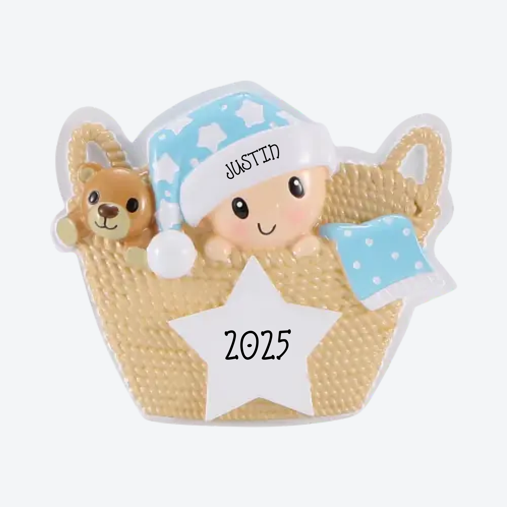 OT2487-B - Baby in Basket (Blue) Personalized Christmas Ornament