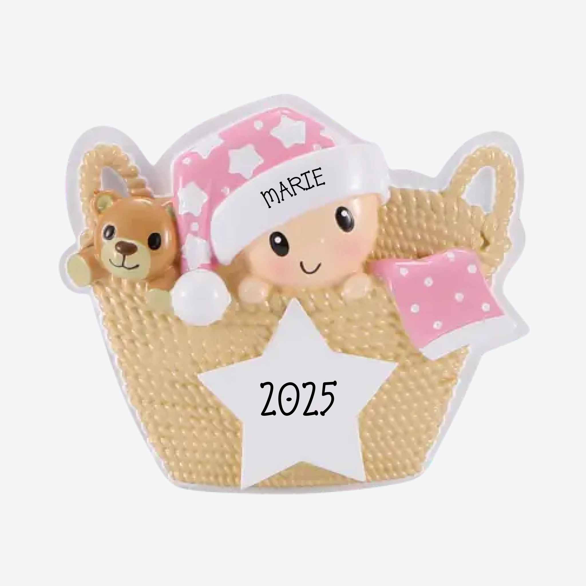OT2487-P - Baby in Basket (Pink) Personalized Christmas Ornament