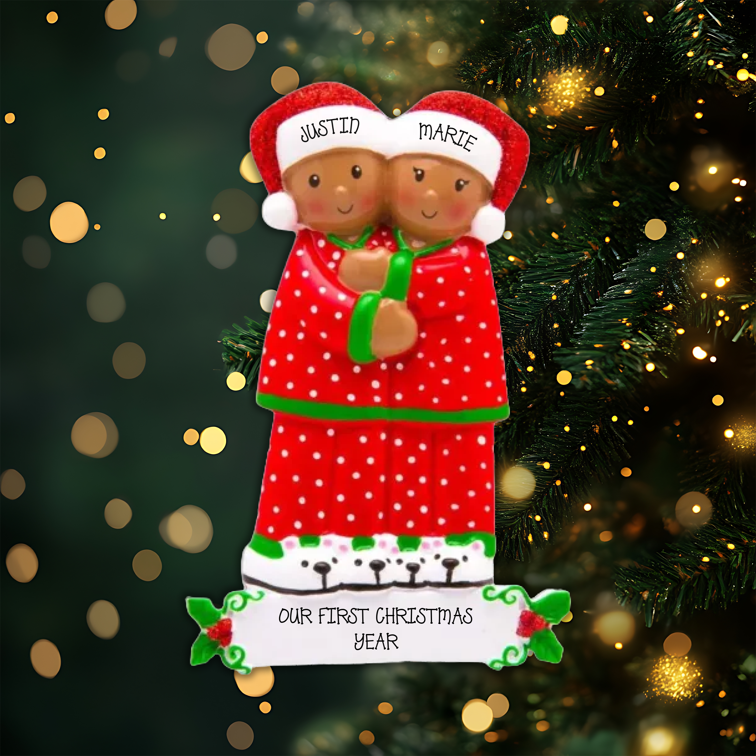 Peeking Couple African American Personalized Christmas Ornament