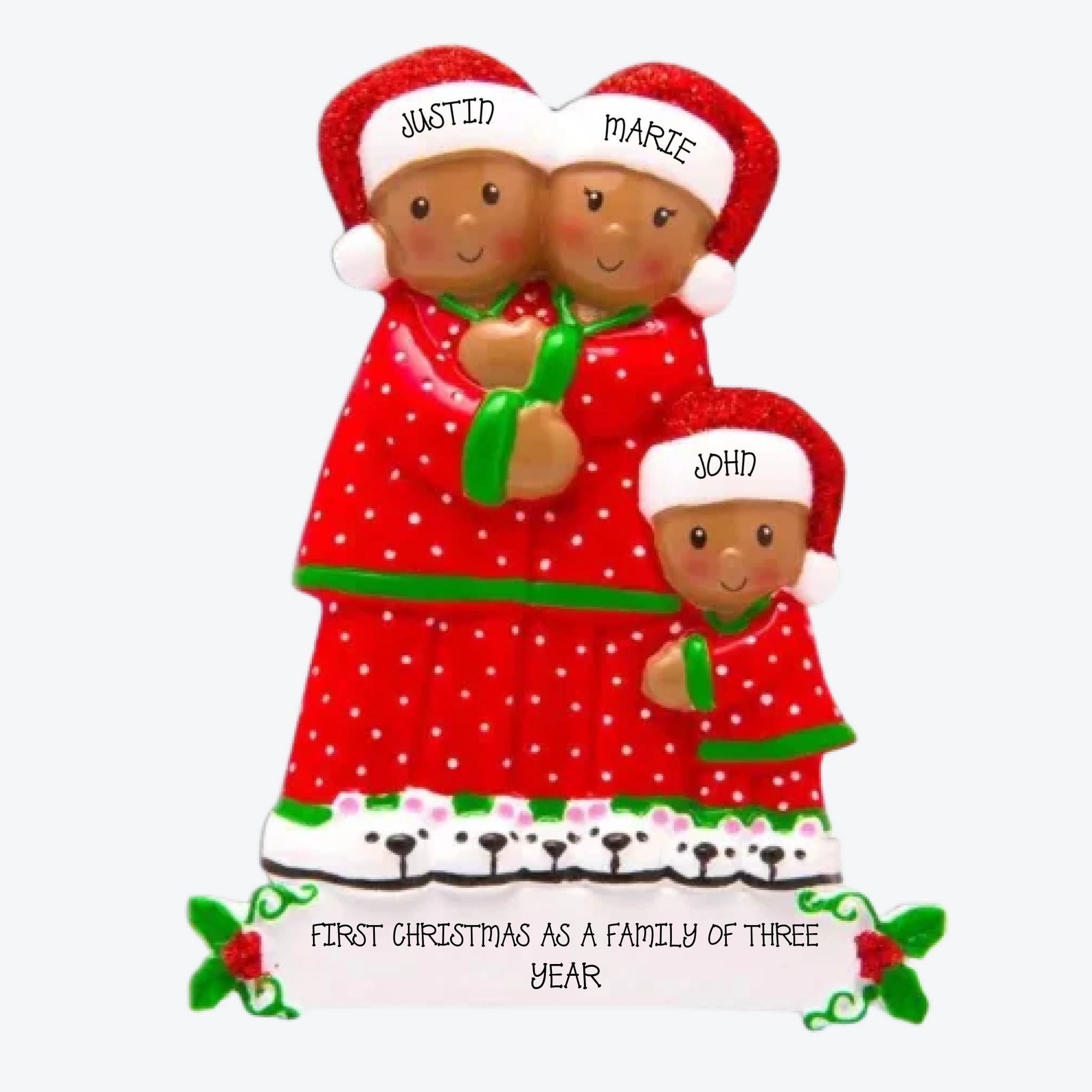 Peeking Family of 3 African American Personalized Christmas Ornament