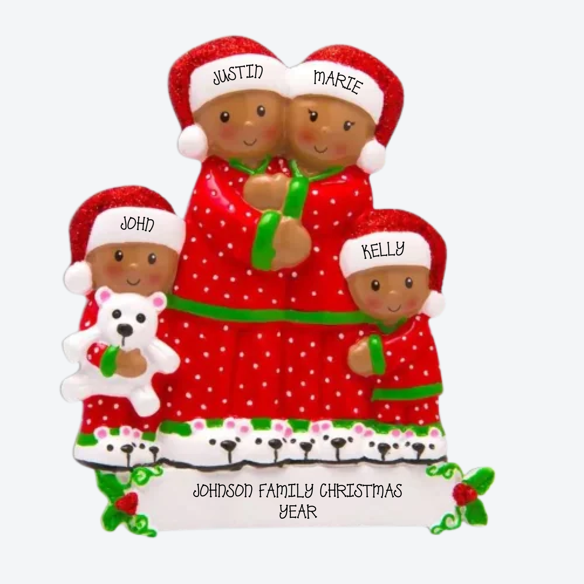 Peeking Family of 4 African American Personalized Christmas Ornament