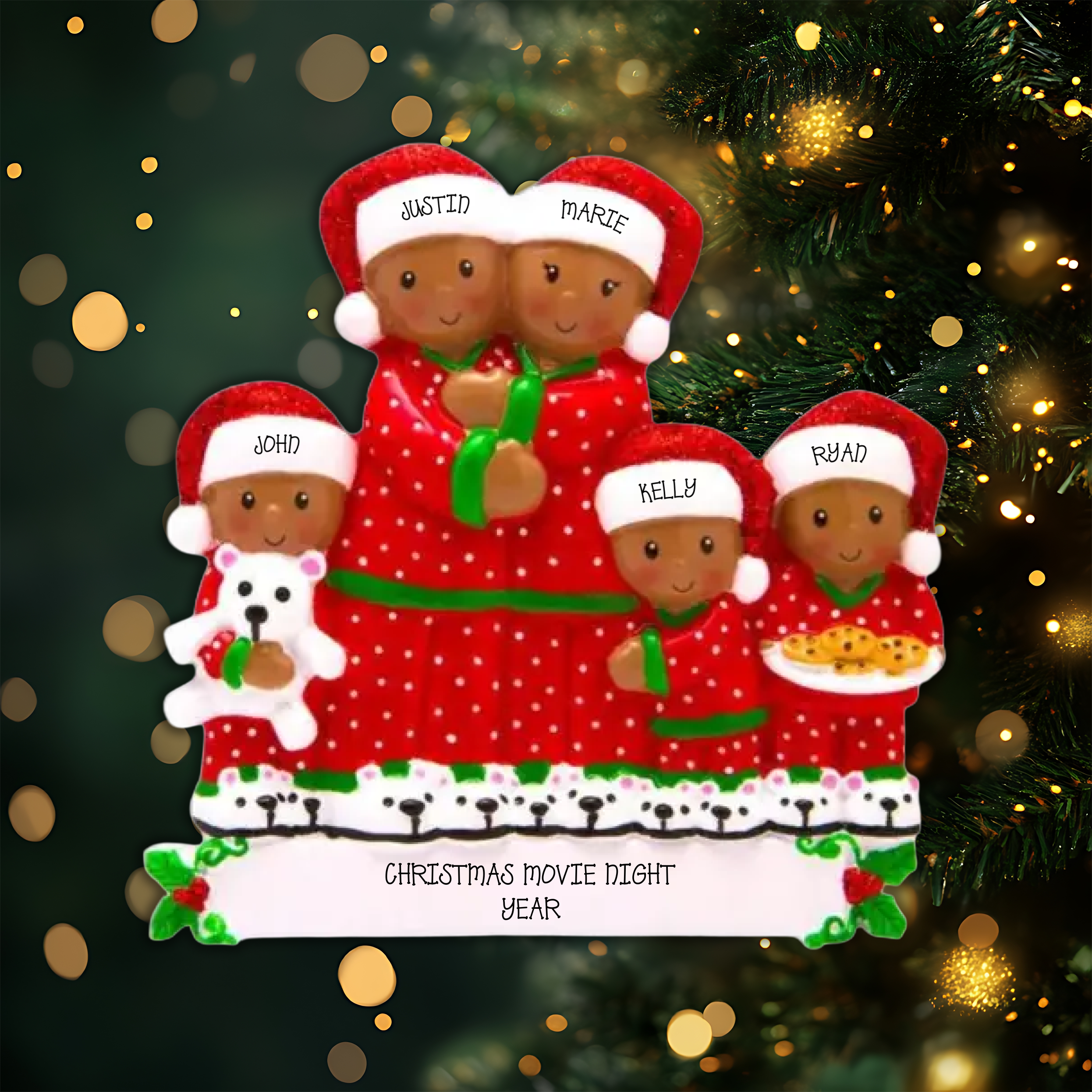 Peeking Family of 5 African American Personalized Christmas Ornament