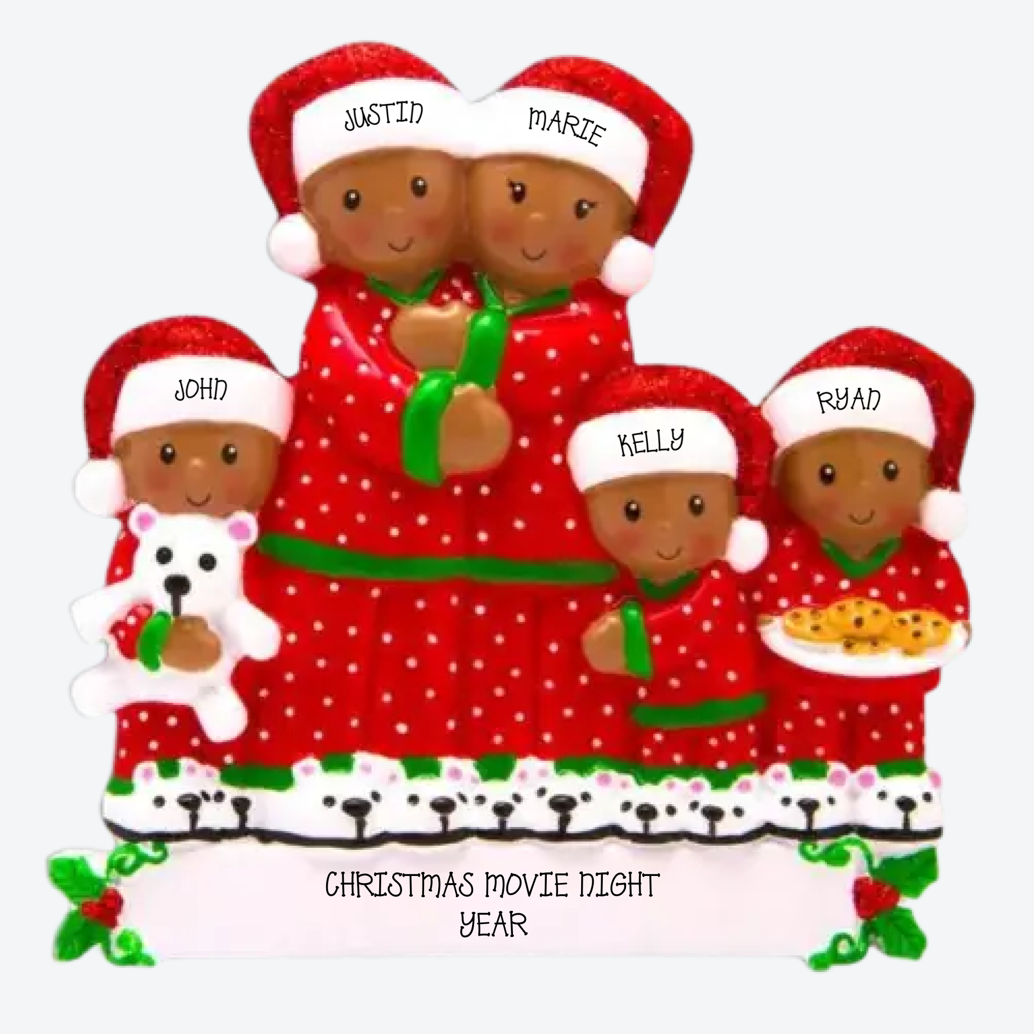Peeking Family of 5 African American Personalized Christmas Ornament